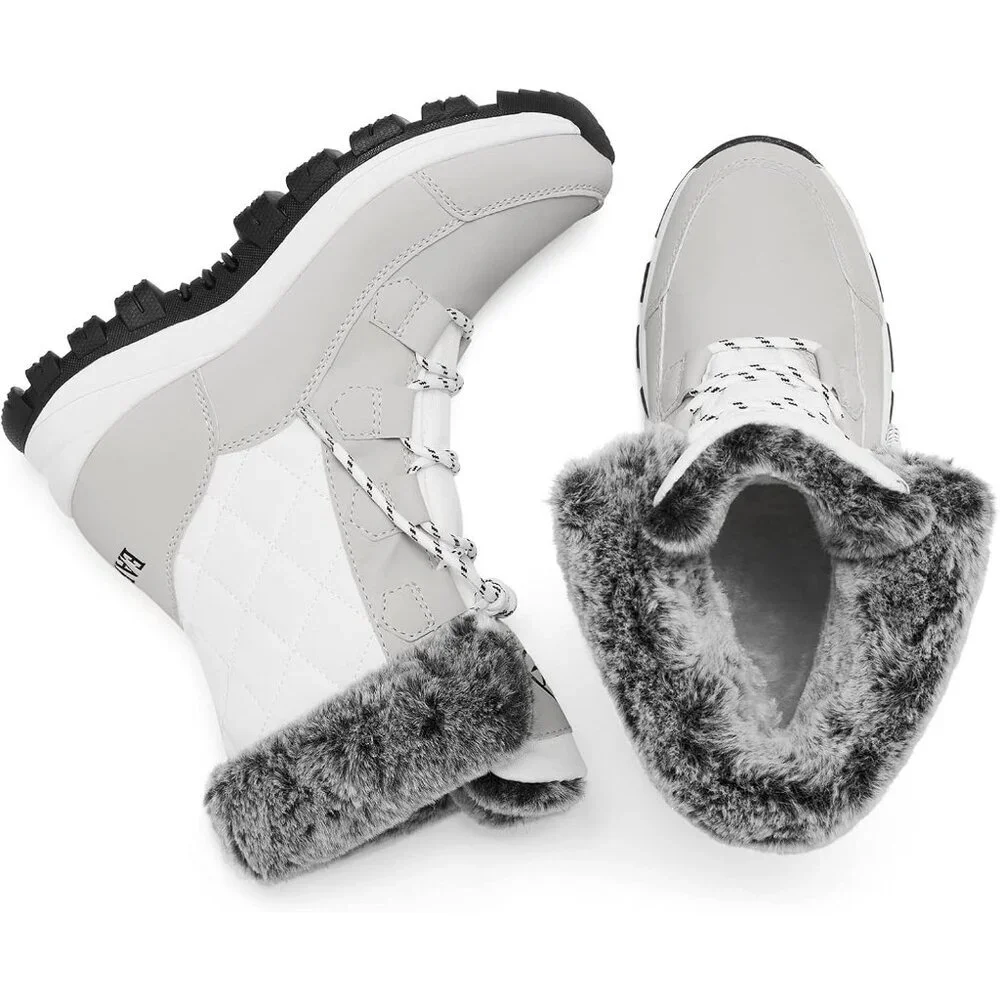 Women’s White Waterproof Snow Boots Mid-Calf Faux Fur Lined Non-Slip - Picture 8 of 9